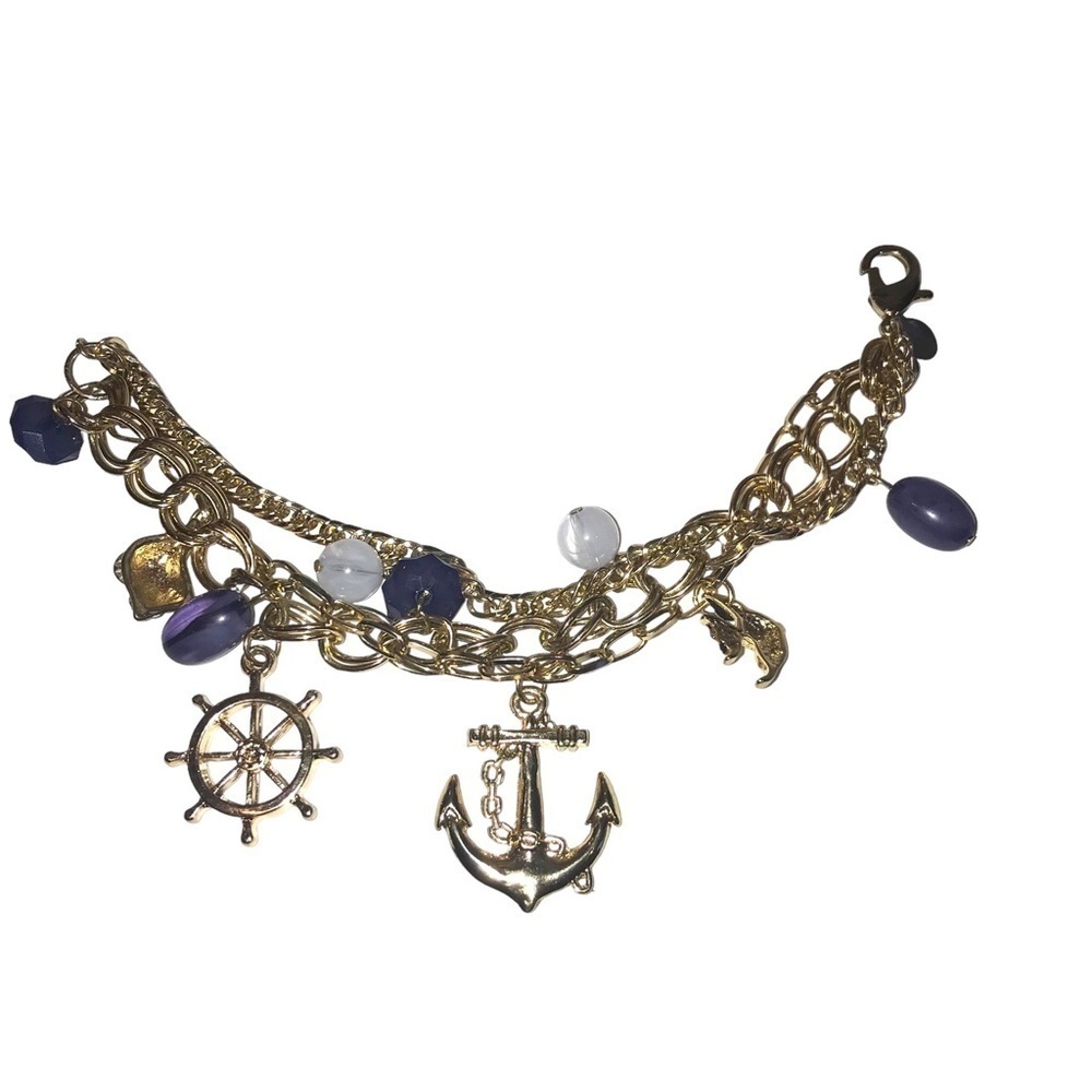 Chicos Nautical Multi Strand Charm Bracelet Beads Gold 3 Multi Style Chains